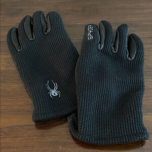 Spyder Black Knit and Leather Gloves with Embroidered Spyder Logo, Size Medium
